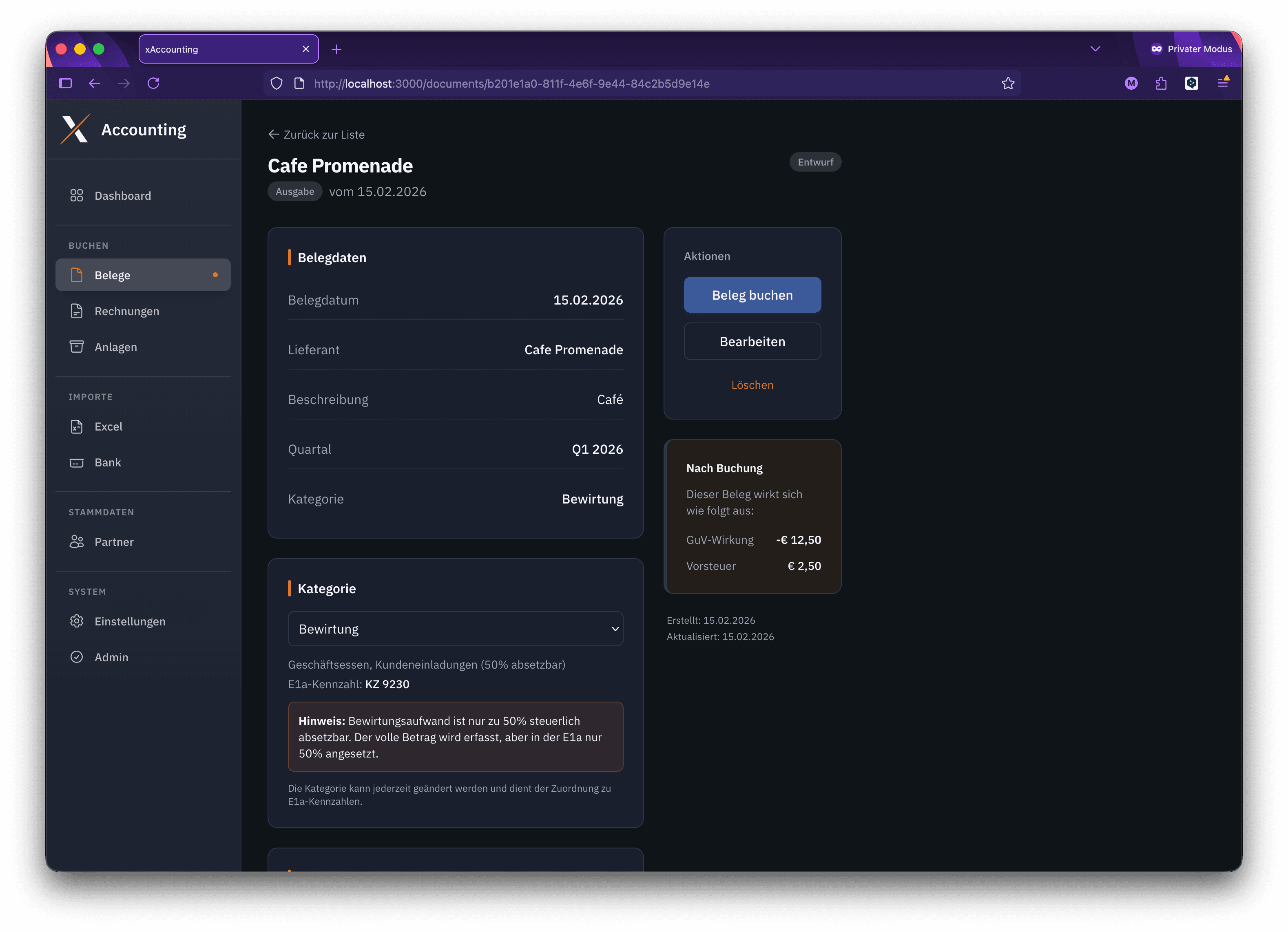 Belegverwaltung in LExIT Accounting mit Status und Filterung