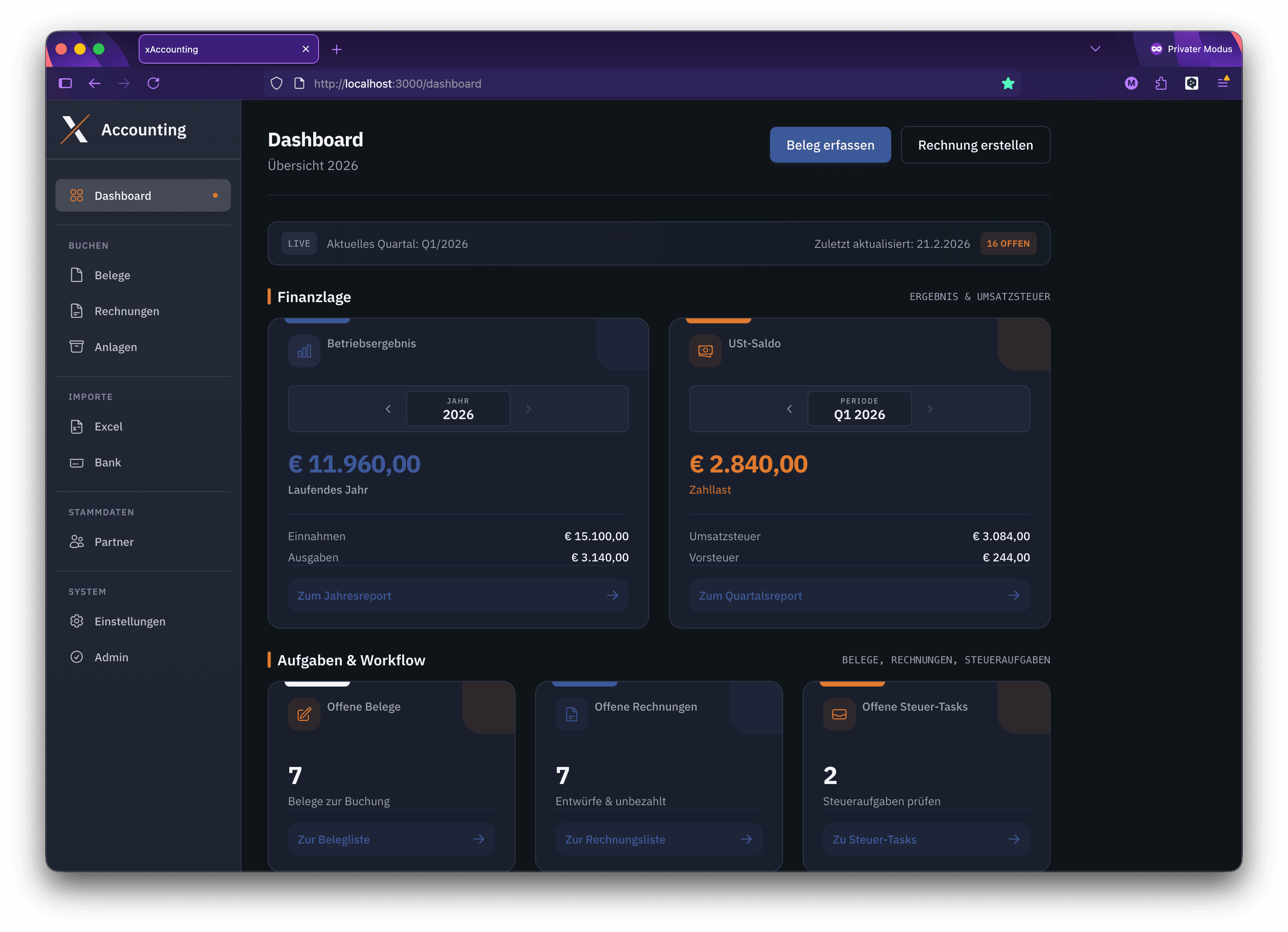 LExIT Dashboard mit Betriebsergebnis, USt und offenen Aufgaben