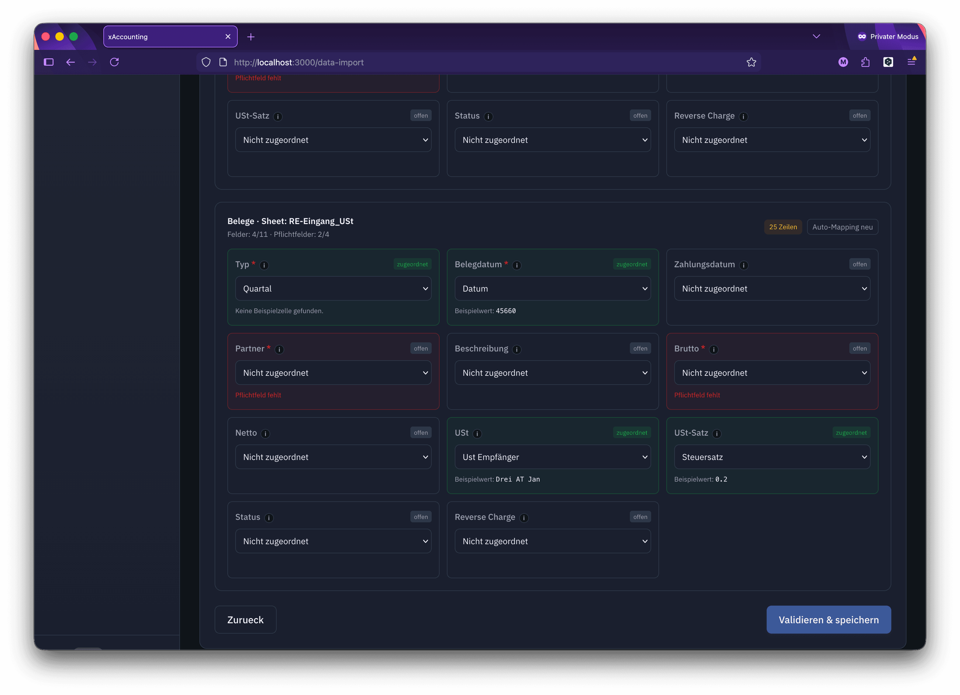 Excel-Import in LExIT Accounting mit Zuordnung und Vorschau