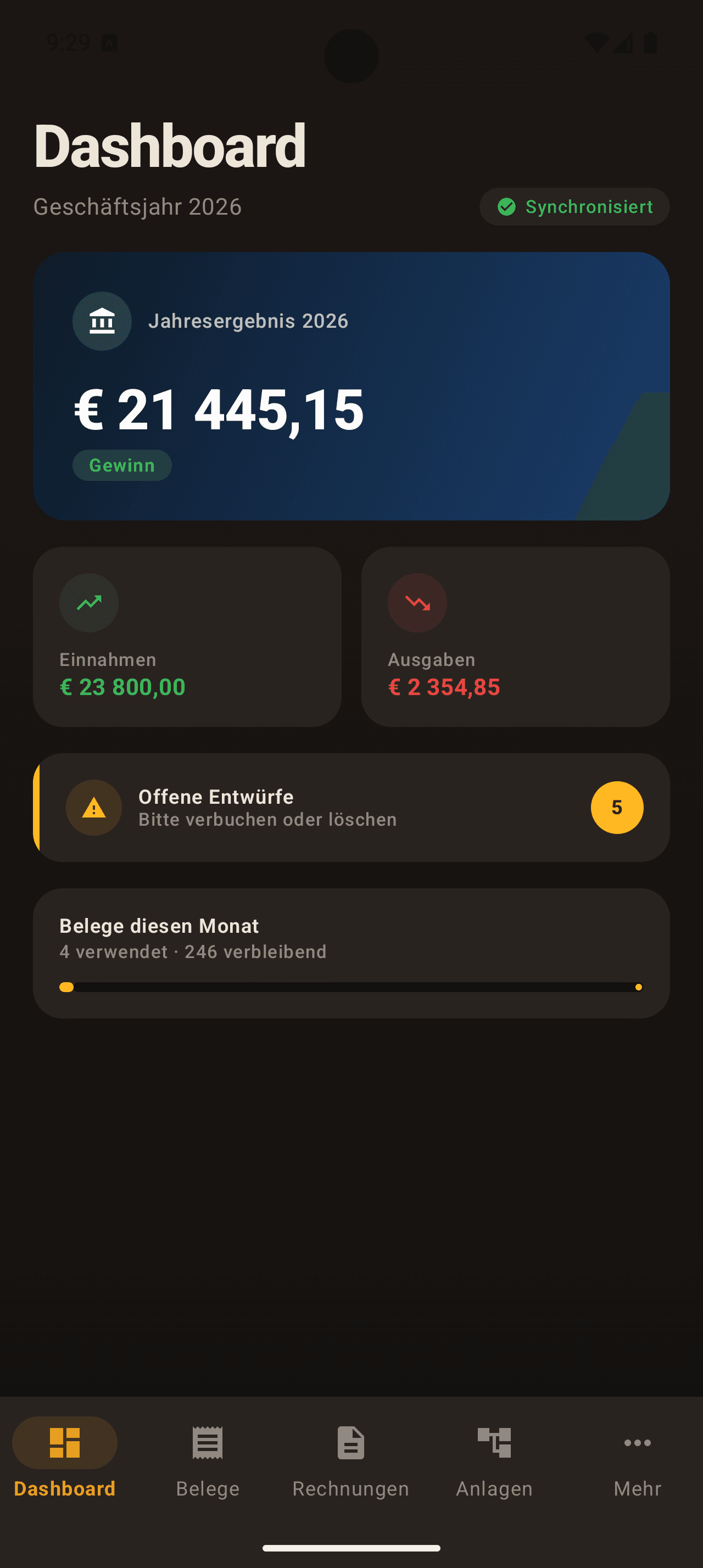 Android Dashboard von LExIT Accounting mit Jahresergebnis und Synchronisationsstatus