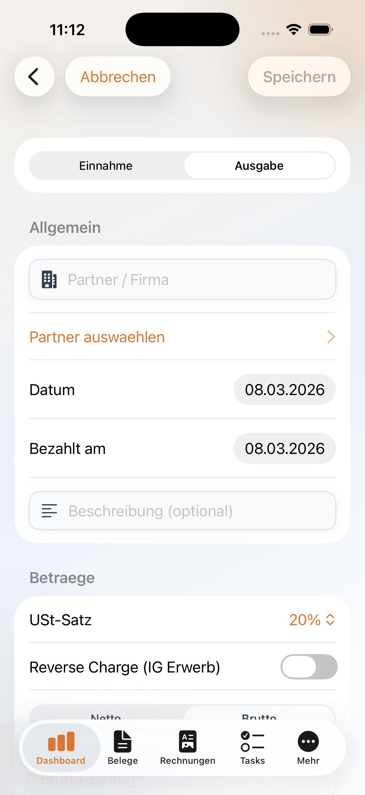 iPhone Eingabemaske zum mobilen Erfassen eines Belegs in LExIT Accounting